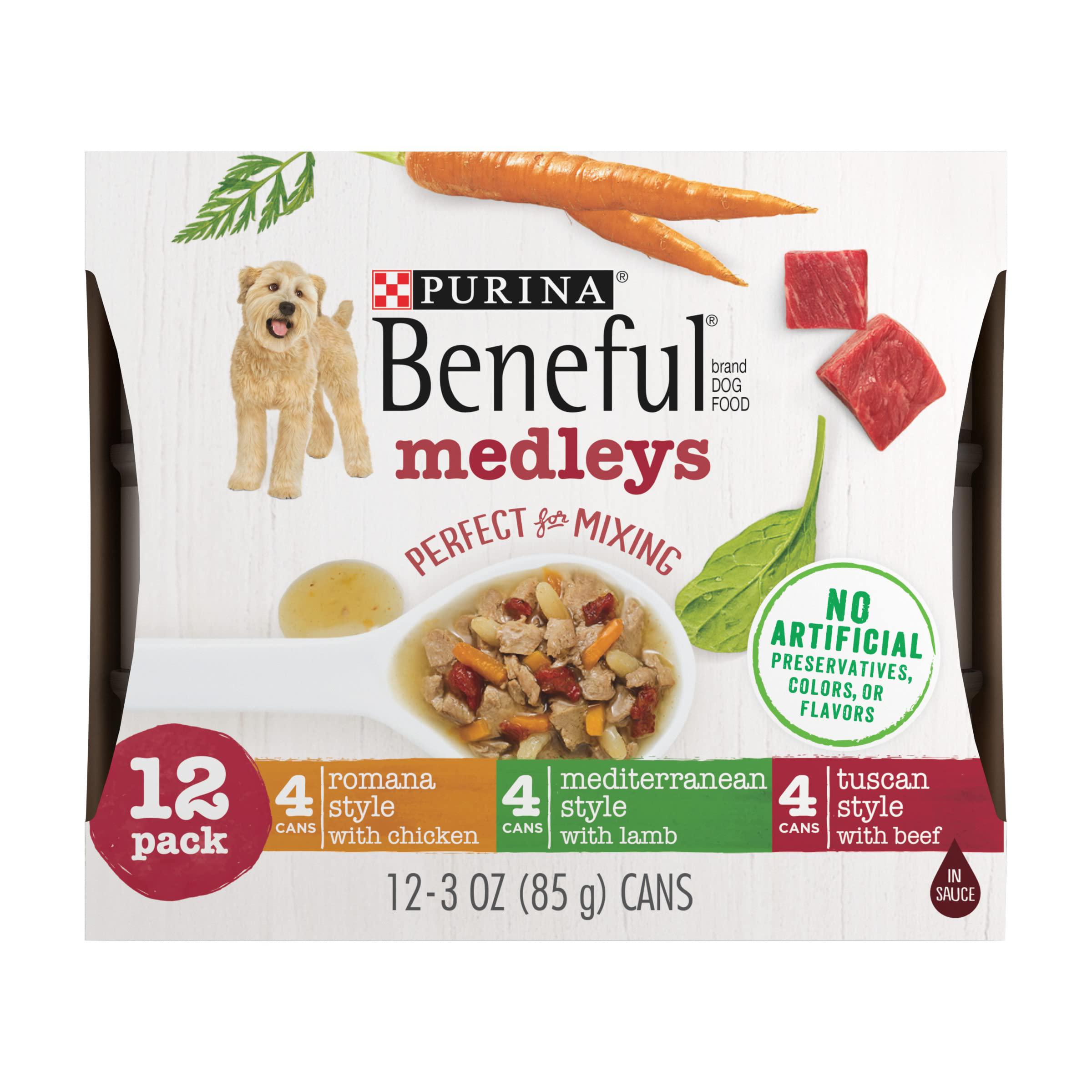 Beneful purina beneful wet dog food variety pack, medleys tuscan, romana & mediterranean style - (2 packs of 12) 3 oz. cans