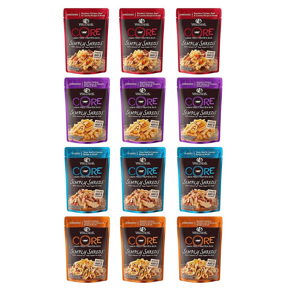 Wellness Natural Pet Food wellness core simply shreds natural grain free wet dog food toppers variety pack, 4 flavors, 2.8 ounce each (12 total pouches