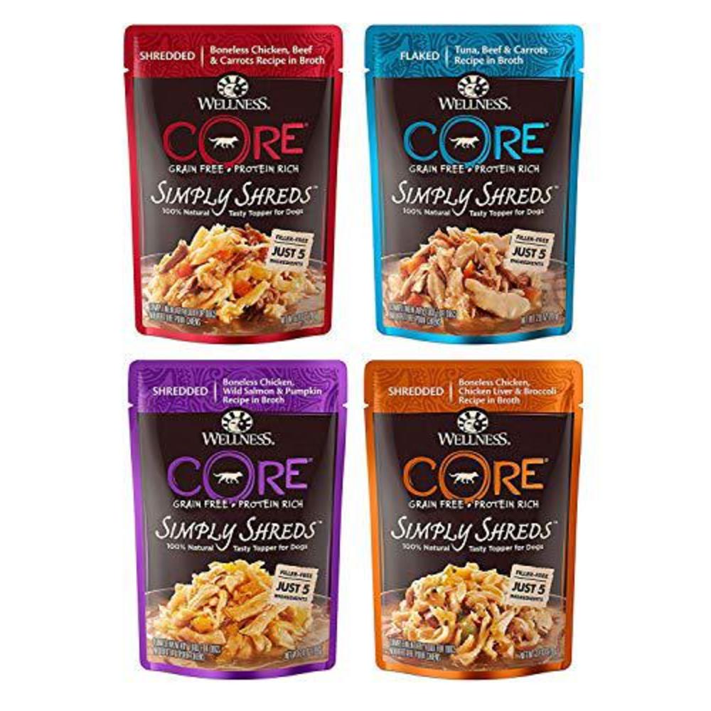 Wellness Natural Pet Food wellness core simply shreds natural grain free wet dog food toppers variety pack, 4 flavors, 2.8 ounce each (12 total pouches
