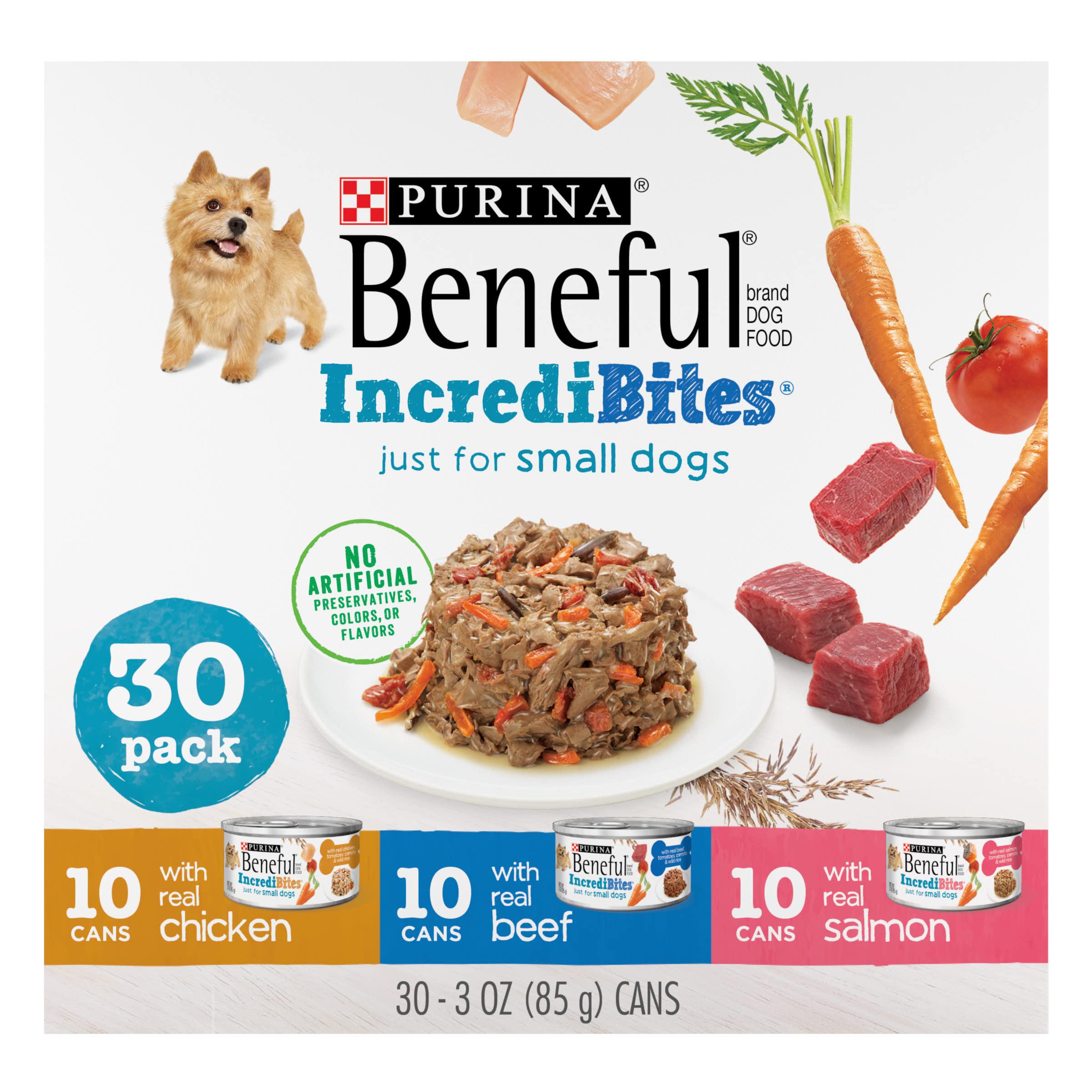 Beneful purina beneful small breed wet dog food variety pack, incredibites with real beef, chicken or salmon - (30) 3 oz. cans