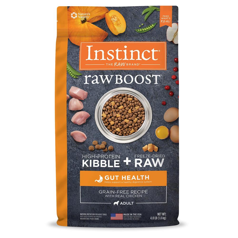 instinct raw boost gut health grain free recipe with real chicken natural dry dog food by nature's variety, 4 lb. bag