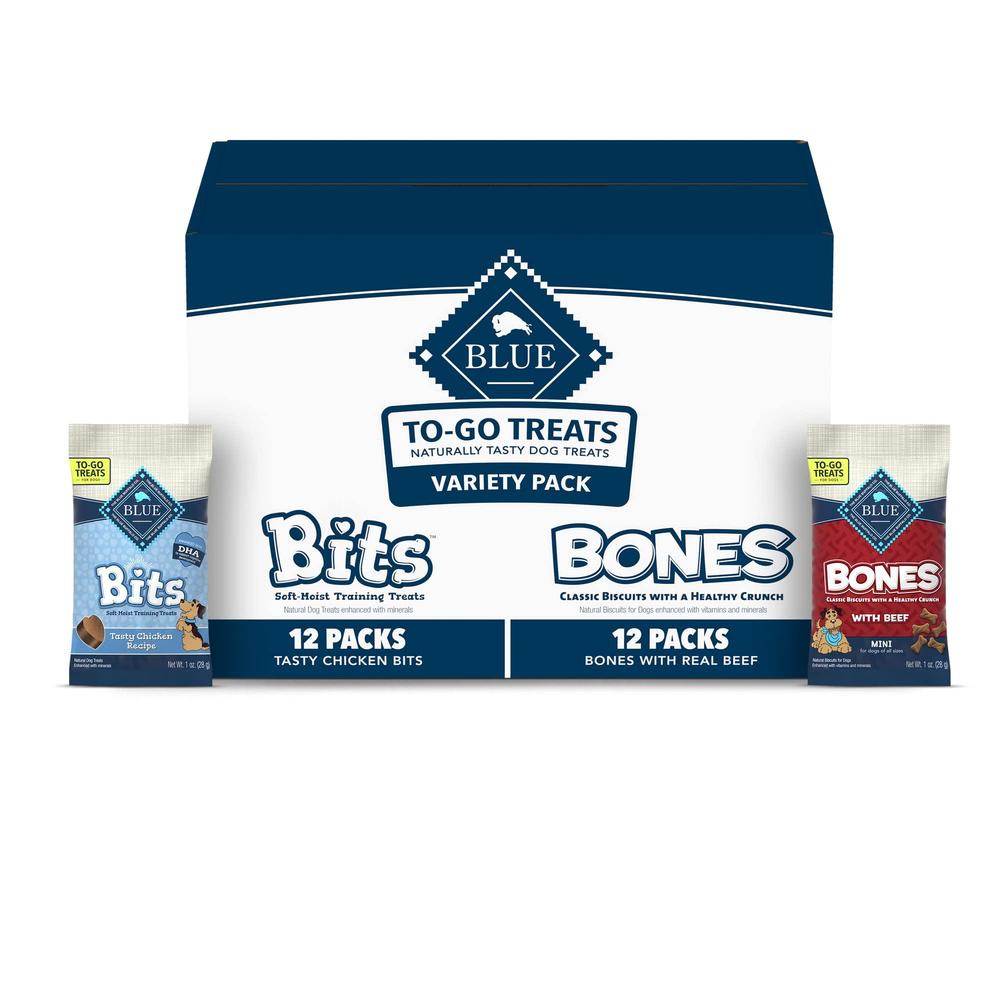 blue buffalo bits & bones soft-moist training treats & crunchy dog biscuits to-go, chicken & beef variety pack, 1-oz bags (24