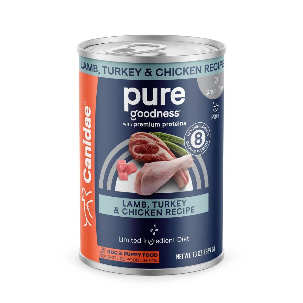 canidae pure limited ingredient premium wet dog food, lamb, turkey & chicken recipe, 13 oz. (case of 12), grain free