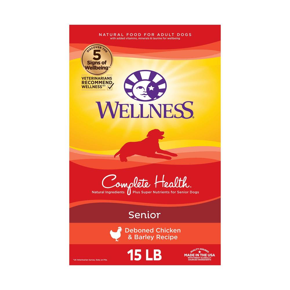 wellness complete health senior dry dog food with grains, chicken & barley, 15-pound bag