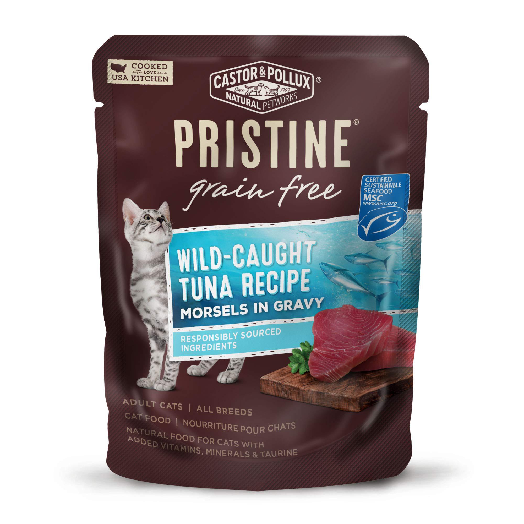 castor & pollux pristine grain free wild-caught tuna recipe morsels in gravy cat food pouches, (24) 3oz cans