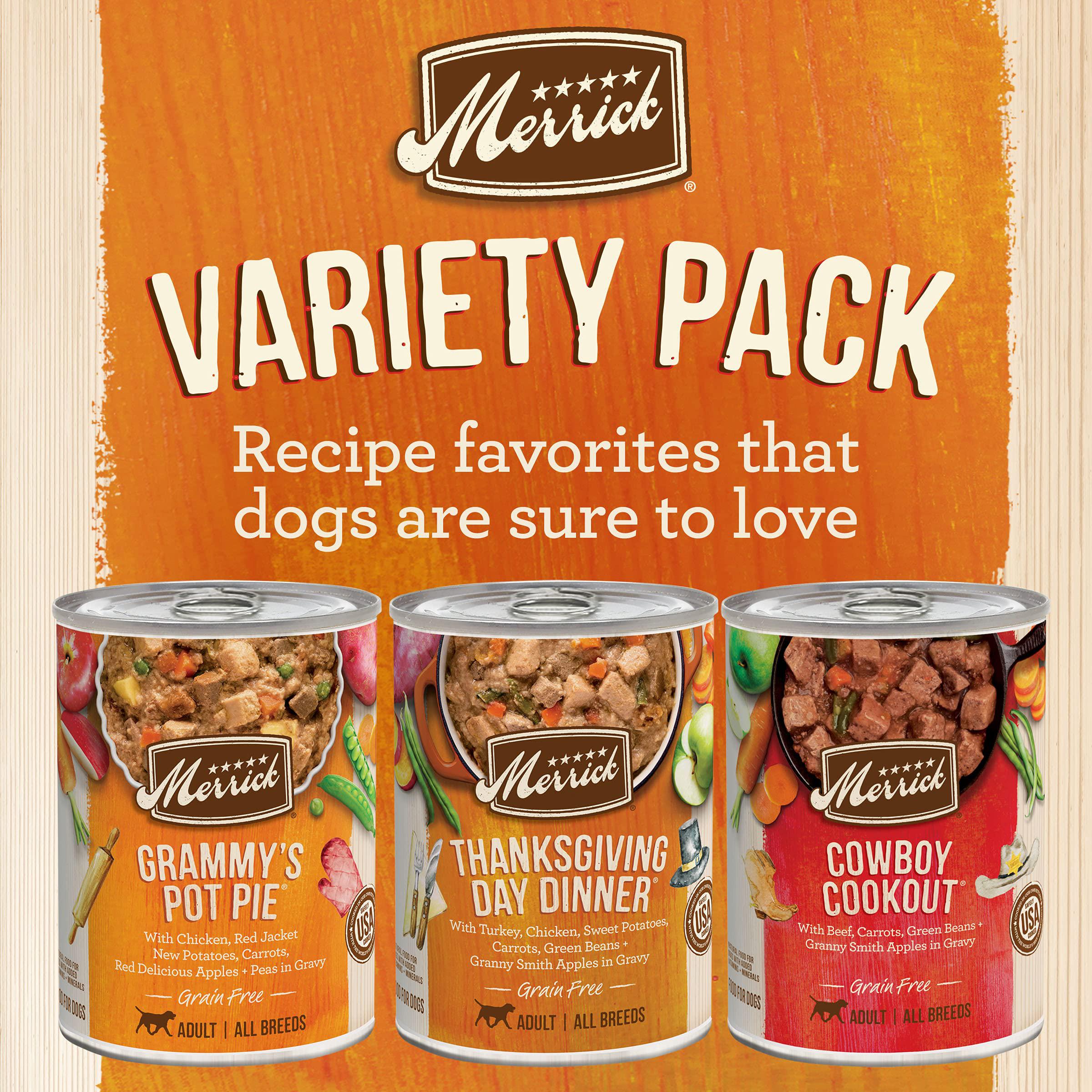 merrick grain free wet dog food variety pack, grain free favorites canned dog food - (12) 12.7 oz. cans