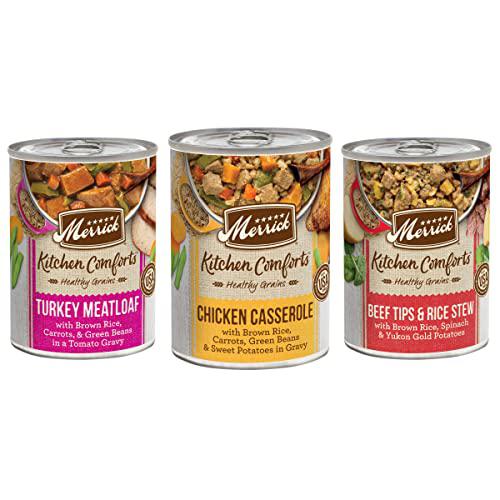 merrick kitchen comforts wet dog food gravy, variety pack real meat and brown rice dog food with grains - 12.7 oz. can