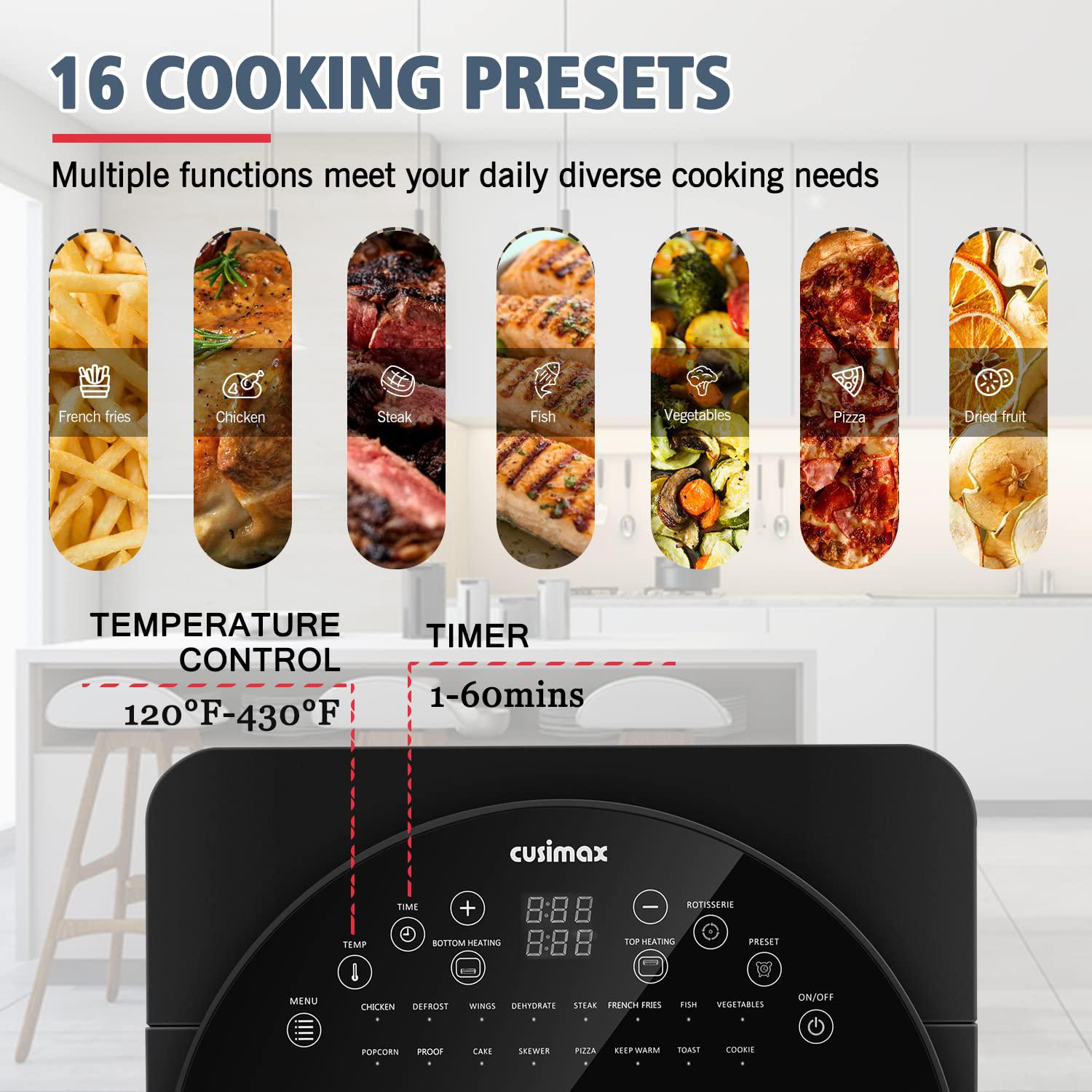 cusimax air fryer toaster oven, 15.5 quart air fryer combo, 16-in-1 air fryer toaster oven, large convection roaster with rot