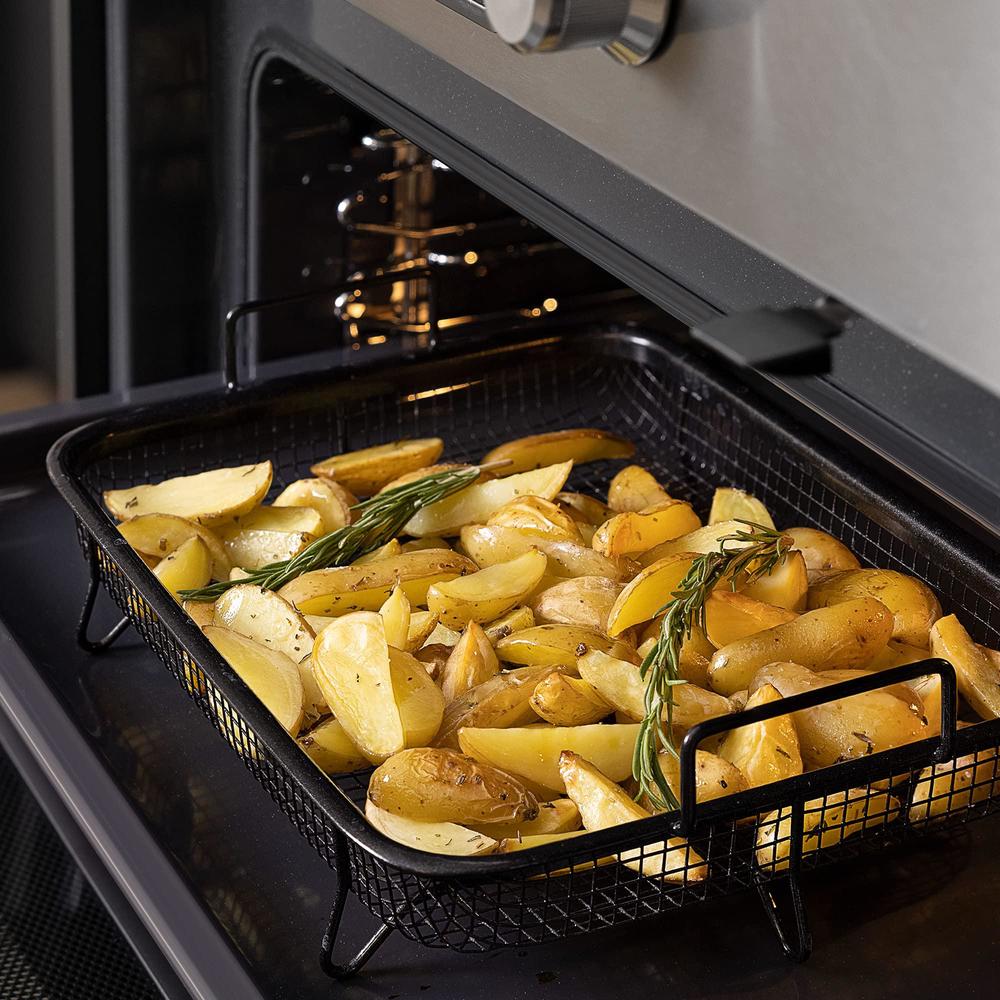 navaris air fry oven tray - grill rack for oil free frying - roasting chips nuggets meat fish - air fryer oven basket for veg