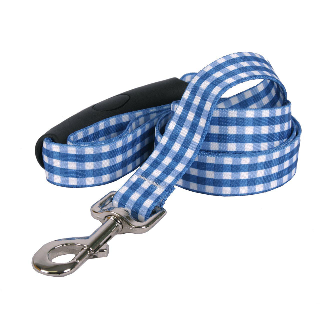 yellow dog design southern dawg gingham navy blue dog leash with comfort grip handle-medium-3/4 and 5' (60")