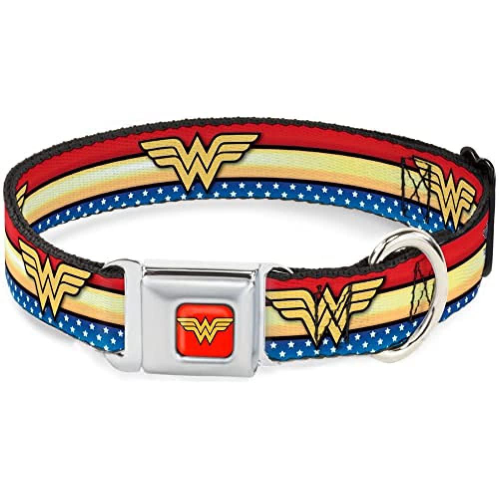 Buckle-Down dog collar seatbelt buckle wonder woman logo stripe stars red gold blue white 15 to 26 inches 1.0 inch wide