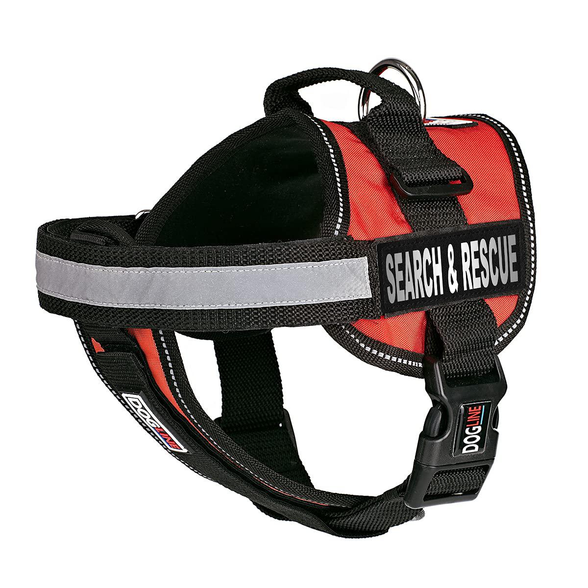 dogline unimax multi-purpose vest harness for dogs and 2 removable search and rescue patches, large, red