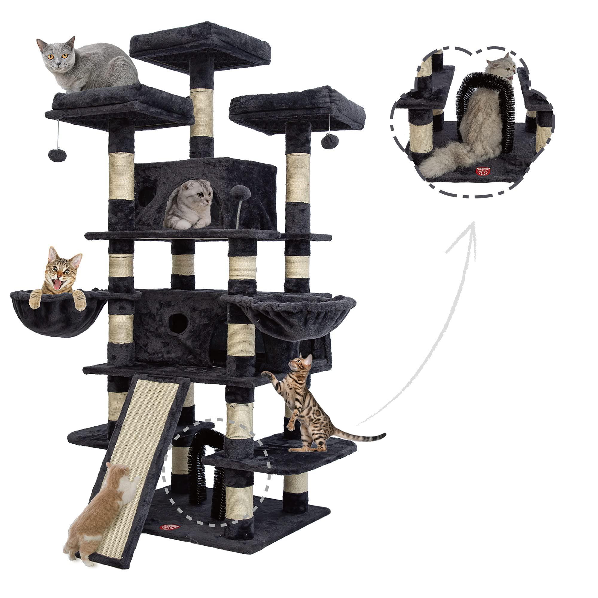 foowin 68 inches big multi-level cat tree, tall multi-cats tower with 2 big cat condo &cat hair brush, large cat tree with 3 