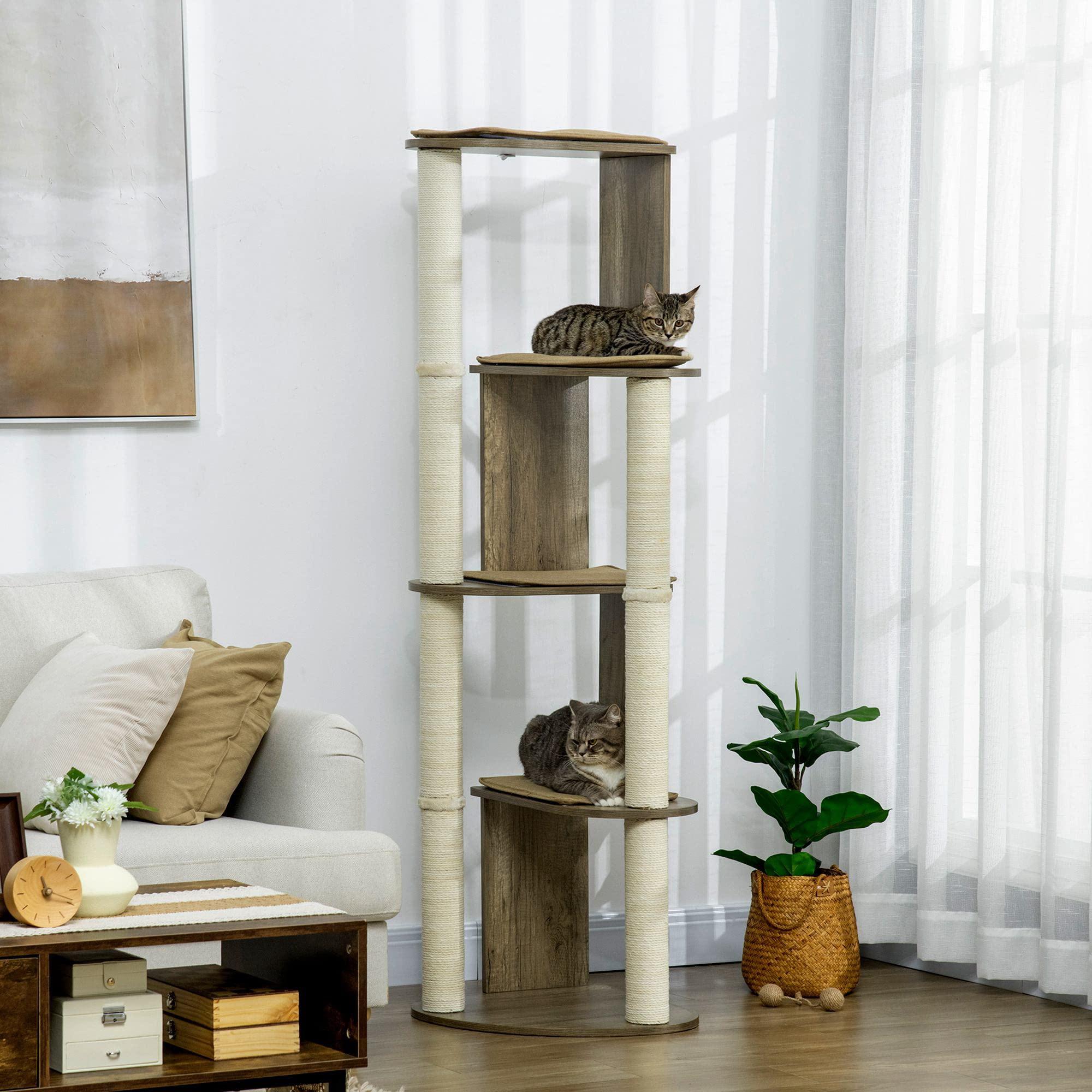 pawhut 65" corner modern cat tree tall for climbing, large multilevel cat tower with scratching posts, small-fit kitten tower