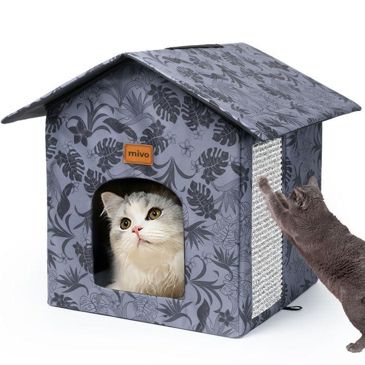 mivo outdoor cat house, weatherproof cat houses for outdoor/indoor cats  with scratch pad, collapsible warm feral cat shelter