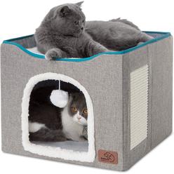bedsure cat beds for indoor cats - large cat cave for pet cat house with fluffy ball hanging and scratch pad, foldable cat hi