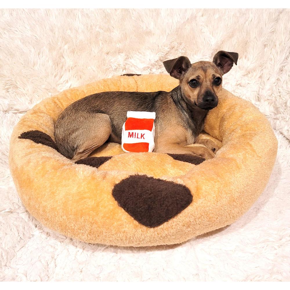tonbo soft plush small cute and cozy food dog cat bed, washer and dryer friendly (chocolate chip cookie)