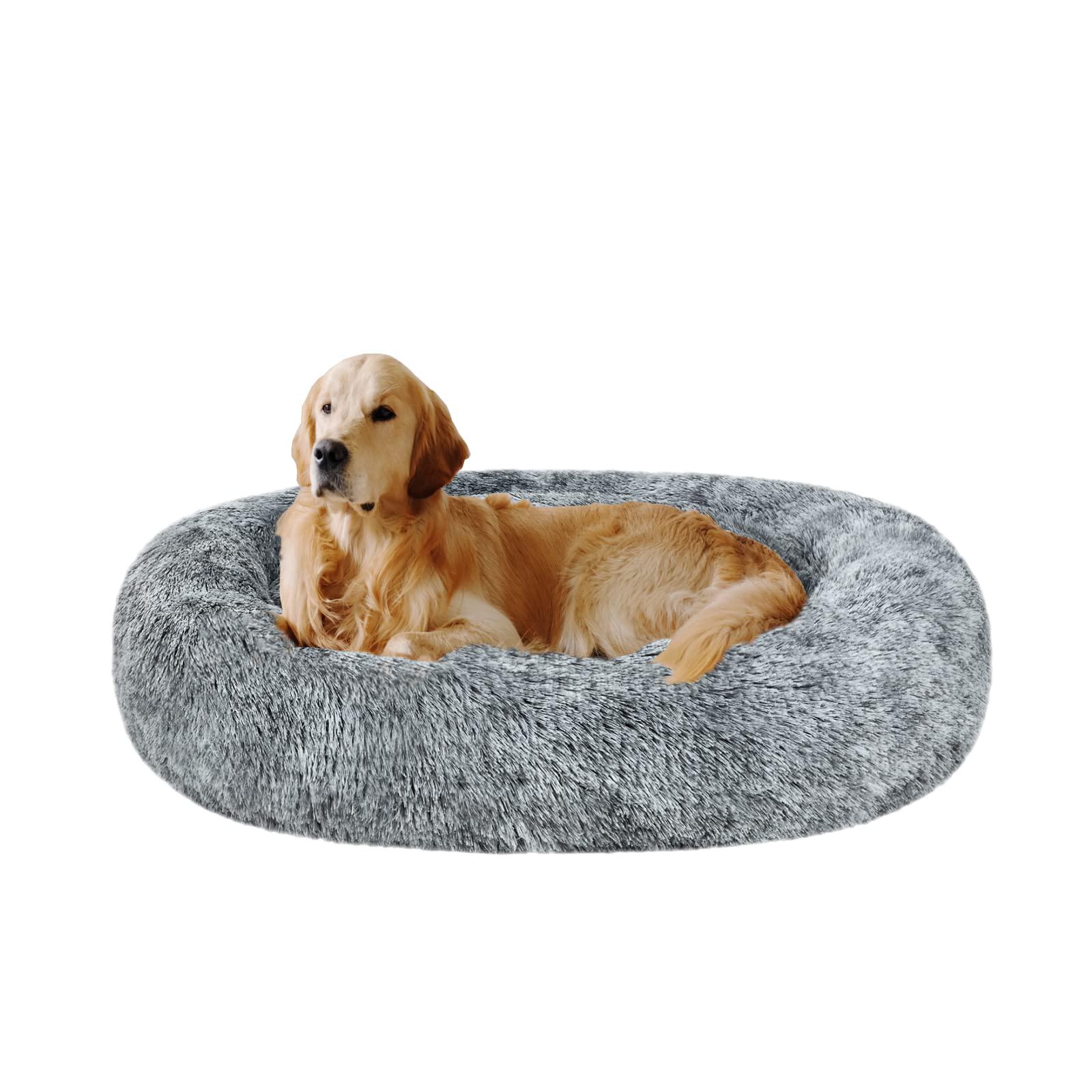 coohom oval calming donut cuddler dog bed,shag faux fur cat bed washable round pillow pet bed(30"/36"/43") for small medium d