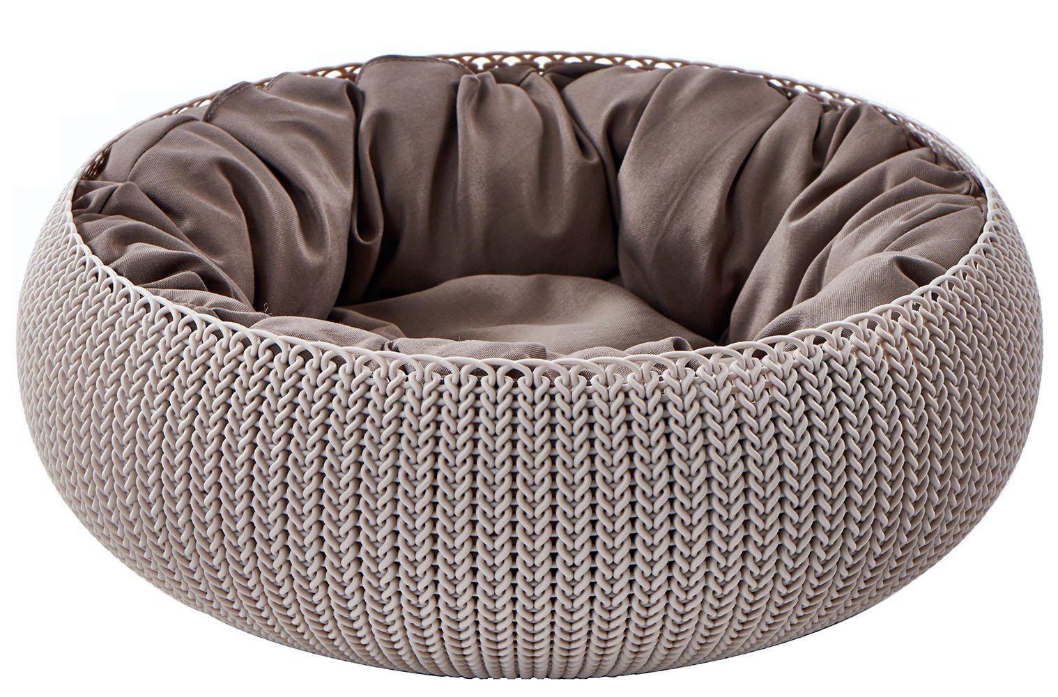 keter by curver knit cozy resin plastic pet bed, cat bed & dog bed with cushion, small dogs to medium cats, sandy beige