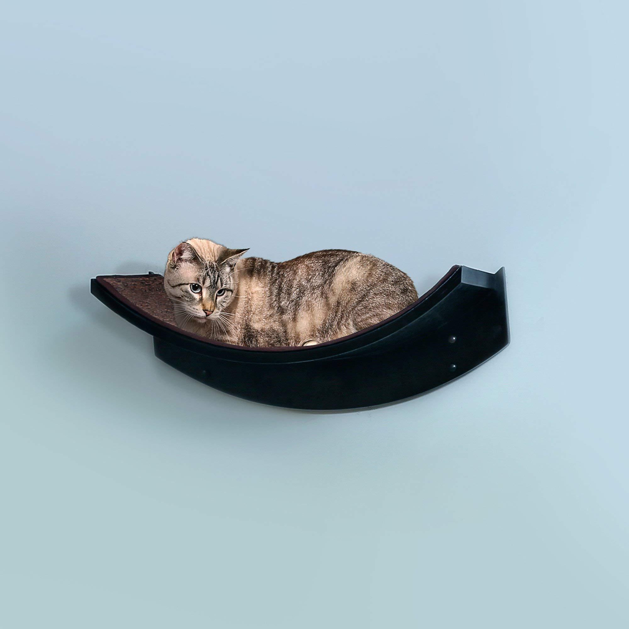 the refined feline 22 inch lotus leaf cat shelf in black espresso with replaceable carpet, playing, climbing, & lounging cat 