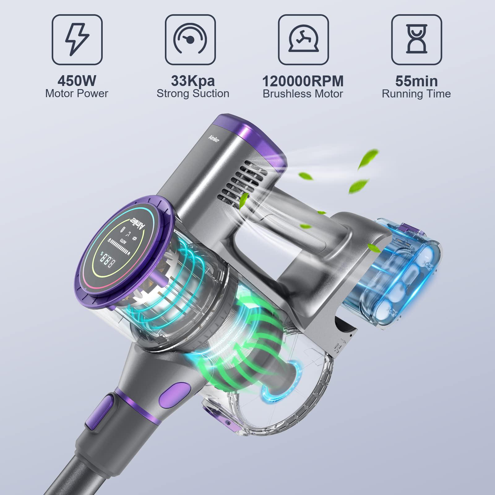 aimiler cordless vacuum cleaner, 450w cordless stick vacuum with 33kpa powerful suction, 55min runtime, detachable battery, s