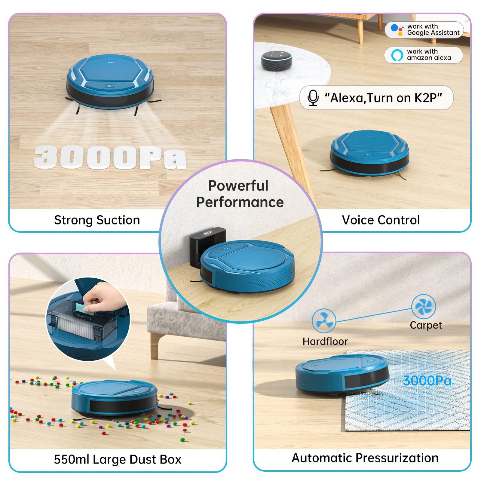 okp life k2p robot vacuum cleaner freemove robotic vacuum cleaner cleans hard floors to low-pile carpets,blue