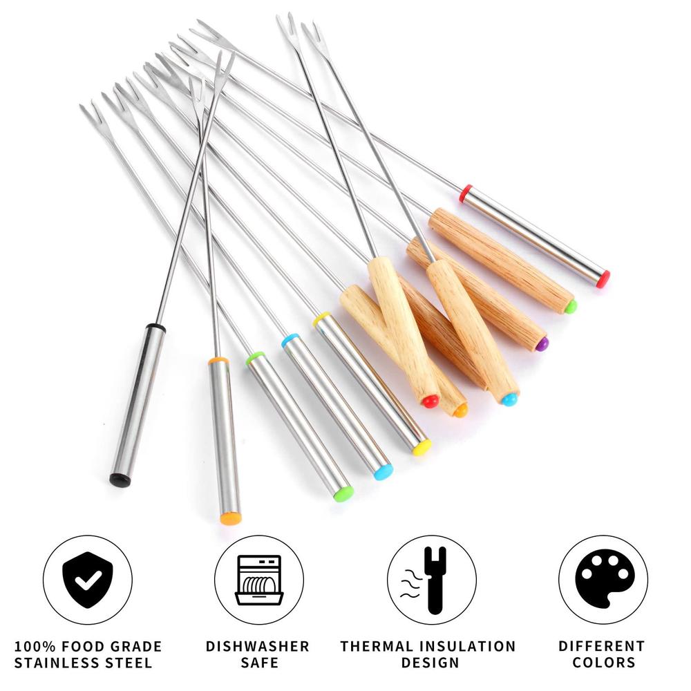 Zxmissu 24 pack 9.6 inch stainless steel fondue forks, 12 wood handles and 12 stainless steel handles, heat resistant smores sticks f