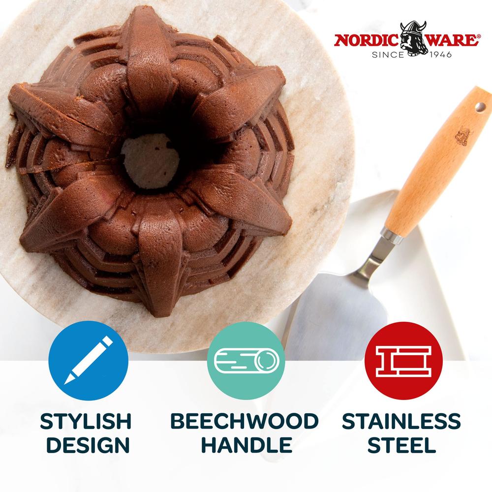 nordic ware cake server, with beechwood handle, stainless steel