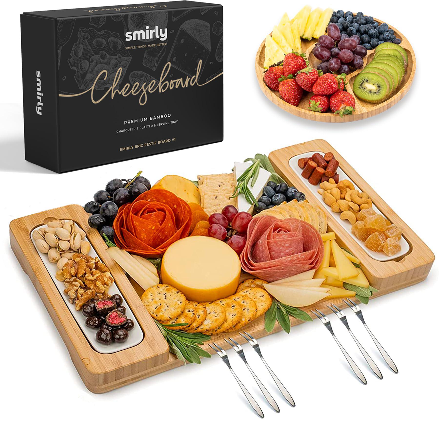 smirly bamboo cheese board set - large charcuterie board set - wooden cheese boards charcuterie boards - unique housewarming 