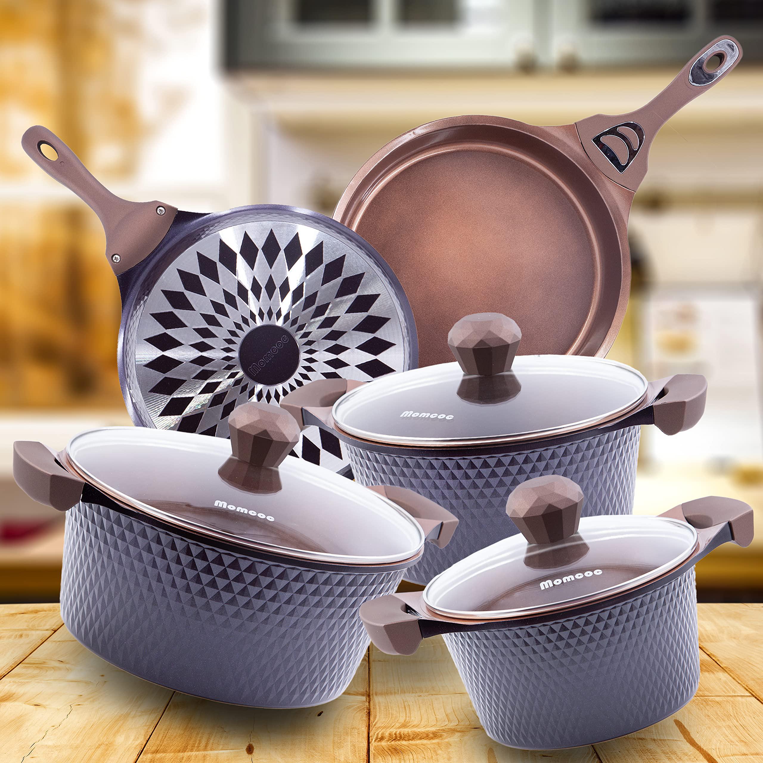 EMB ceramic diamond pots and pans sets- 8 piece nonstick kitchen cookware  alum cast, 3, 6, 10 quart pot & 11 in pan - purple bund
