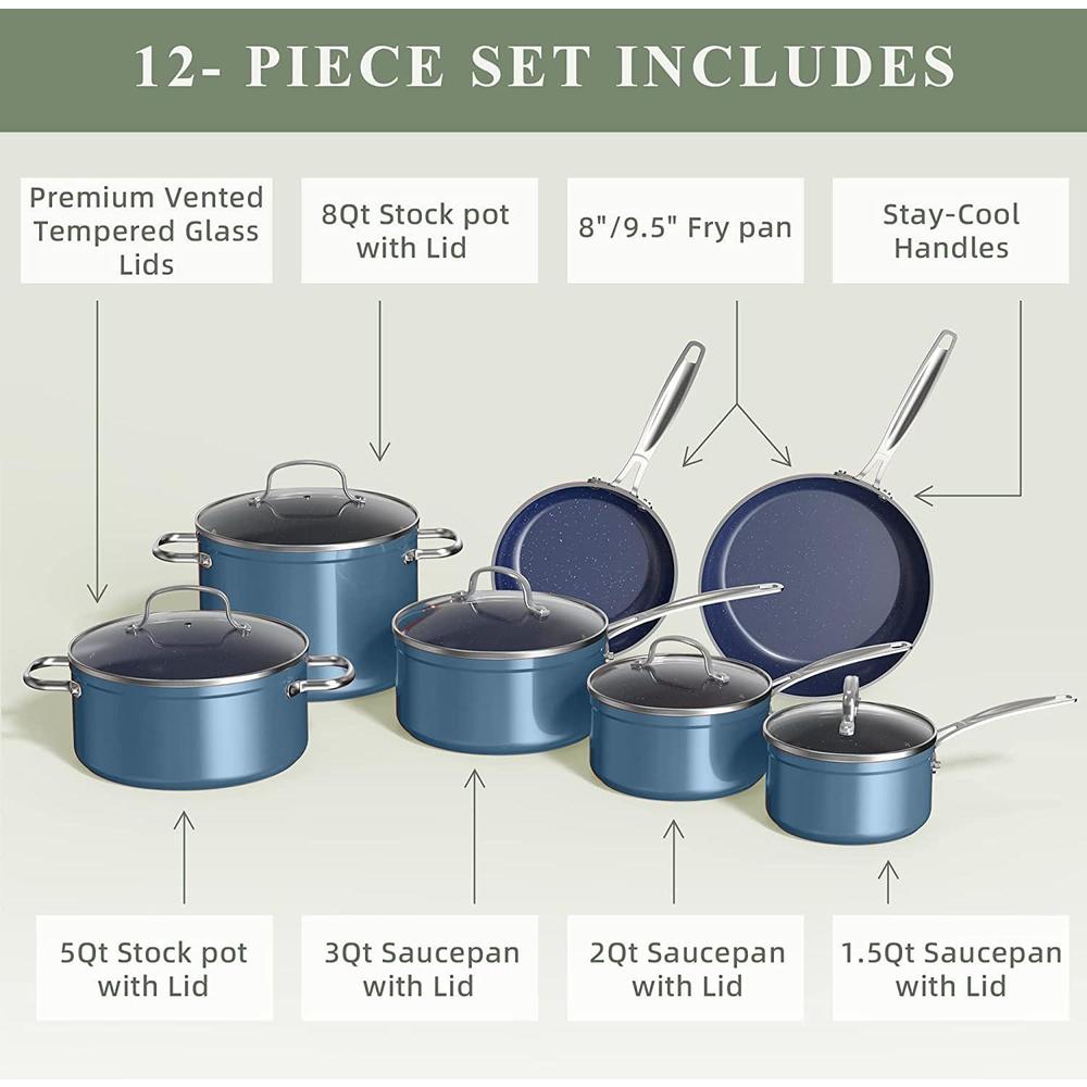 nuwave healthy duralon blue ceramic nonstick coated cookware set, diamond infused scratch-resistant, ptfe & pfoa free, oven s