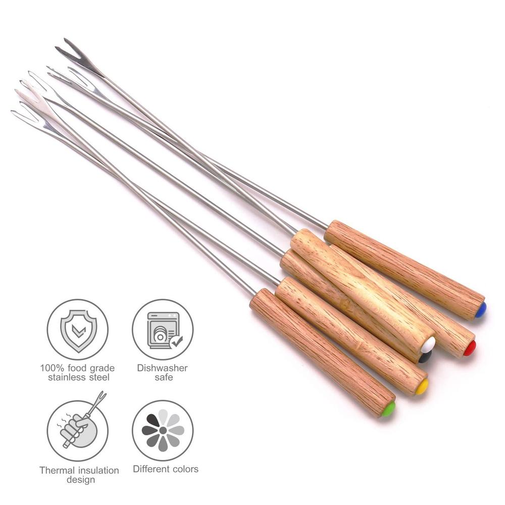 Sago Brothers set of 6 stainless steel fondue forks, 9.5 inches cheese fondue sticks smore sticks with wooden handle heat resistant for cho