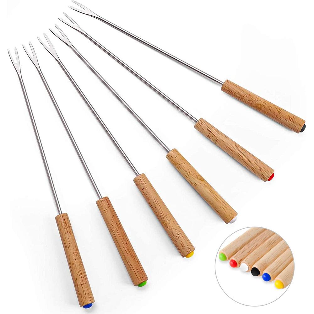 Sago Brothers set of 6 stainless steel fondue forks, 9.5 inches cheese fondue sticks smore sticks with wooden handle heat resistant for cho