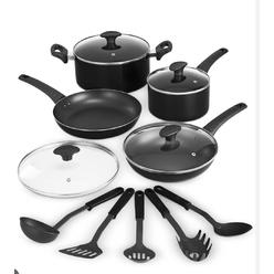 bella cookware set, 12 piece pots and pans with utensils, nonstick scratch resistant cooking surface compatible with all stov