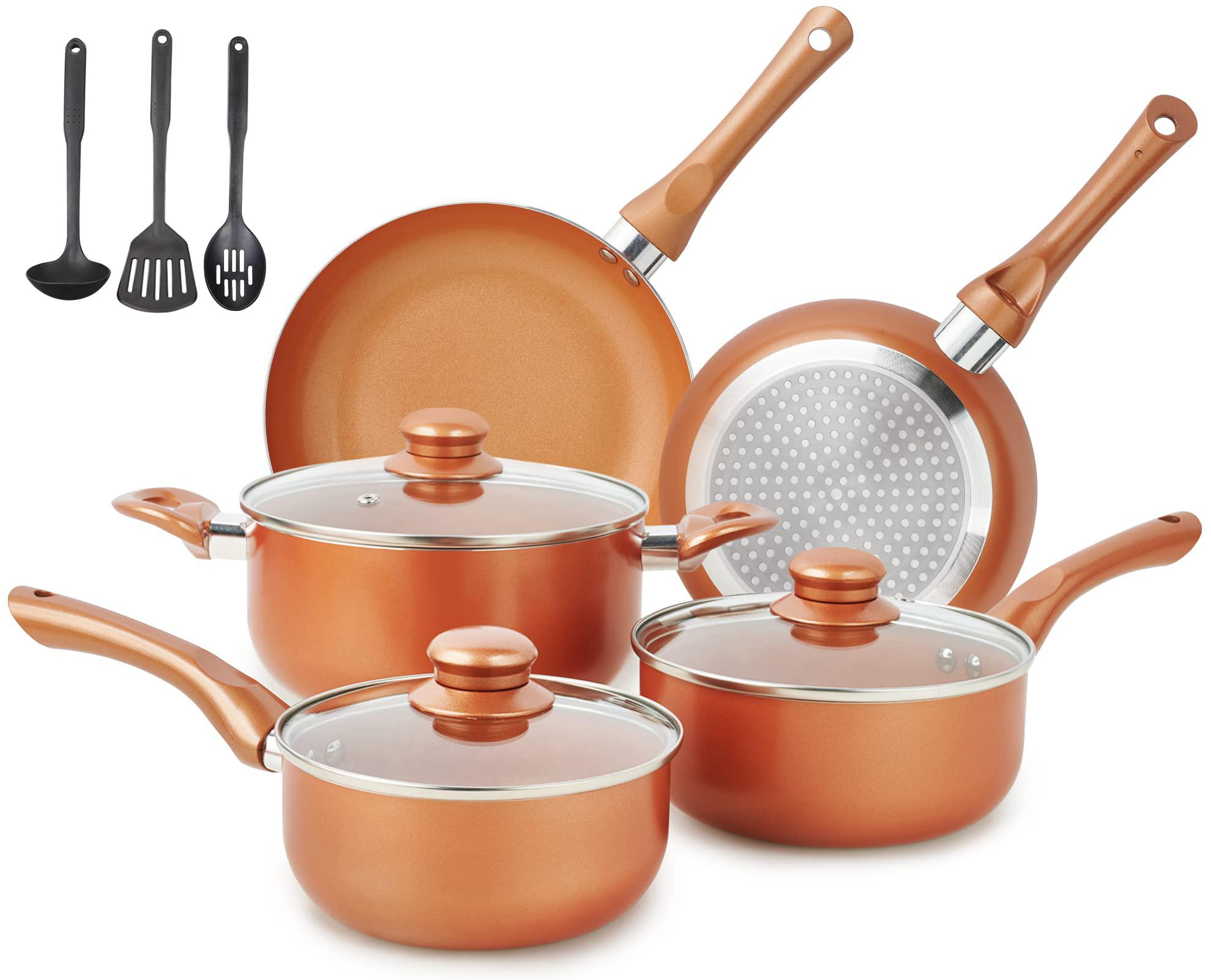 m melenta pots and pans set ultra nonstick, pre-installed 11pcs cookware set copper with ceramic coating, stay cool handle & 