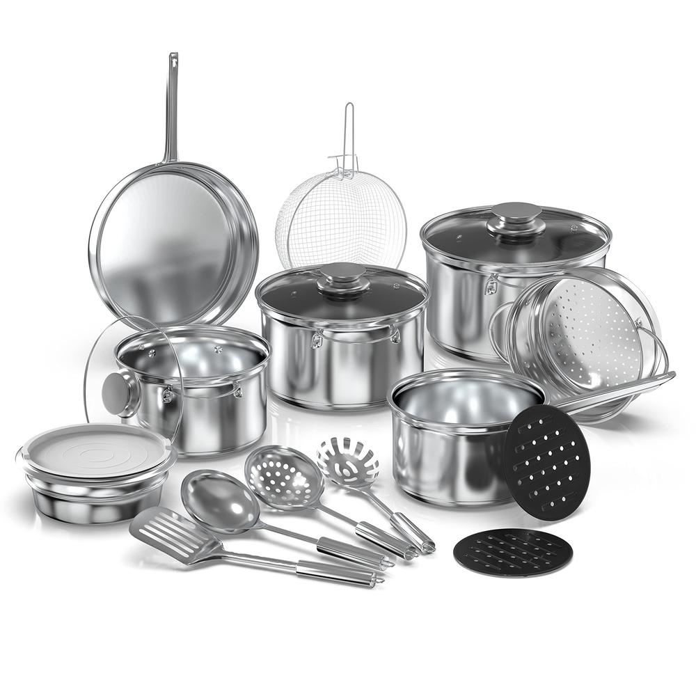 YSSOA 18-piece stainless steel kitchen cookware set, including saucepan, casseroles with tempered glass lid, frypan, steamer, salad