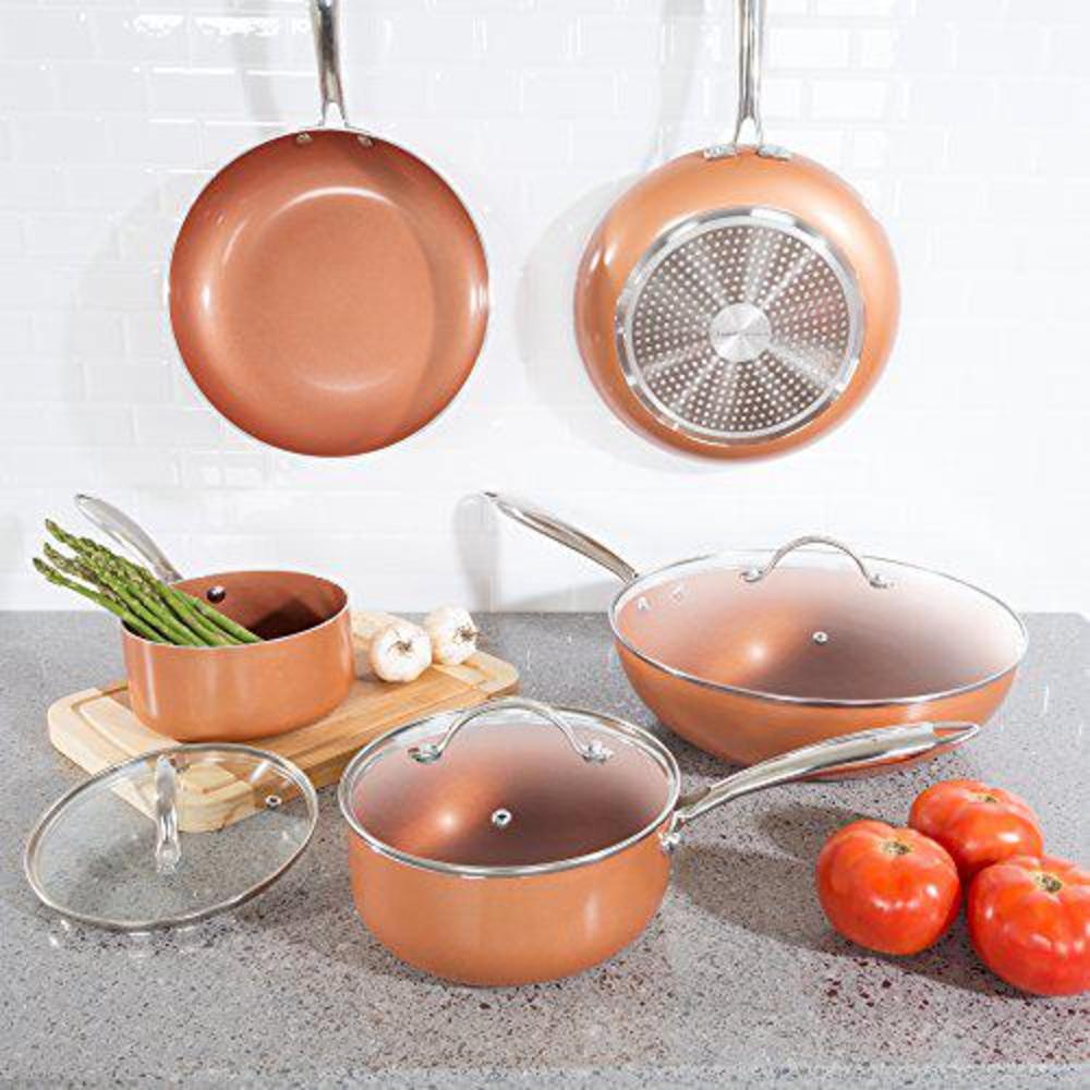 Classic Cuisine 8 pc cookware set with 2 layer nonstick ceramic coating, tempered glass lid, copper color finish dishwasher oven safe allumi-