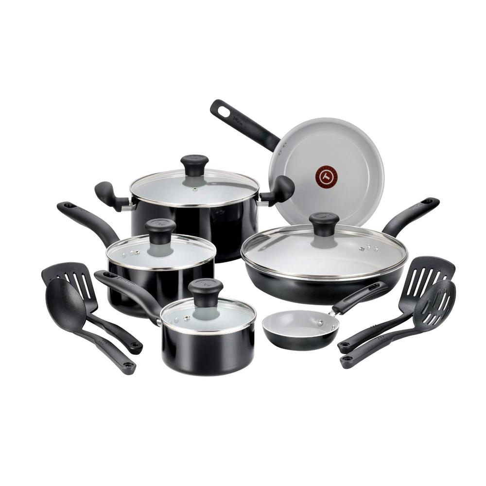 t-fal initiatives ceramic nonstick cookware set 14 piece pots and pans black