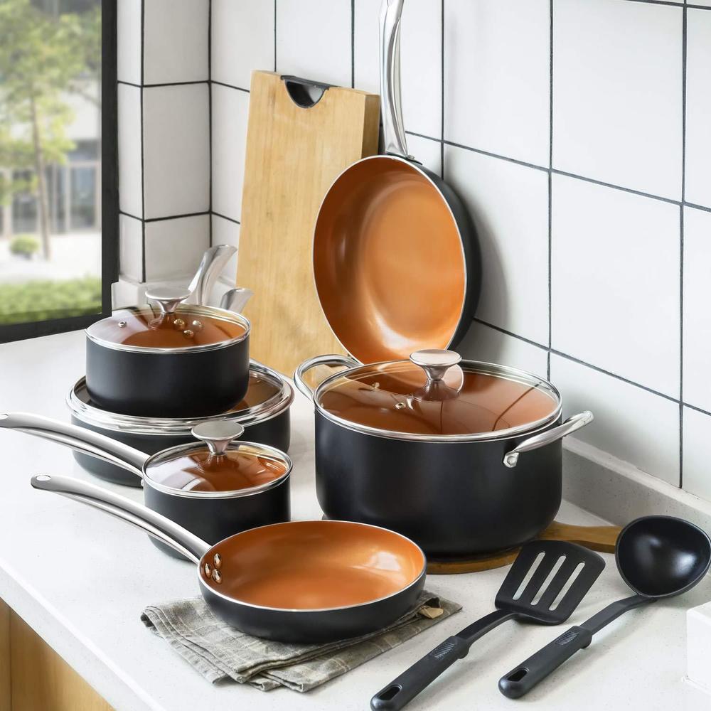 michelangelo pots and pans set 12 pieces, nonstick copper cookware set with ceramic interior, essential copper pots and pans 