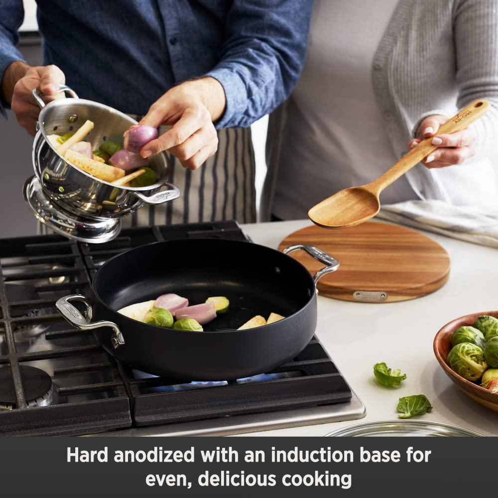 all-clad ha1 hard anodized nonstick 4 piece sauteuse set, acacia trivet and spoon 4 quart induction pots and pans, cookware b