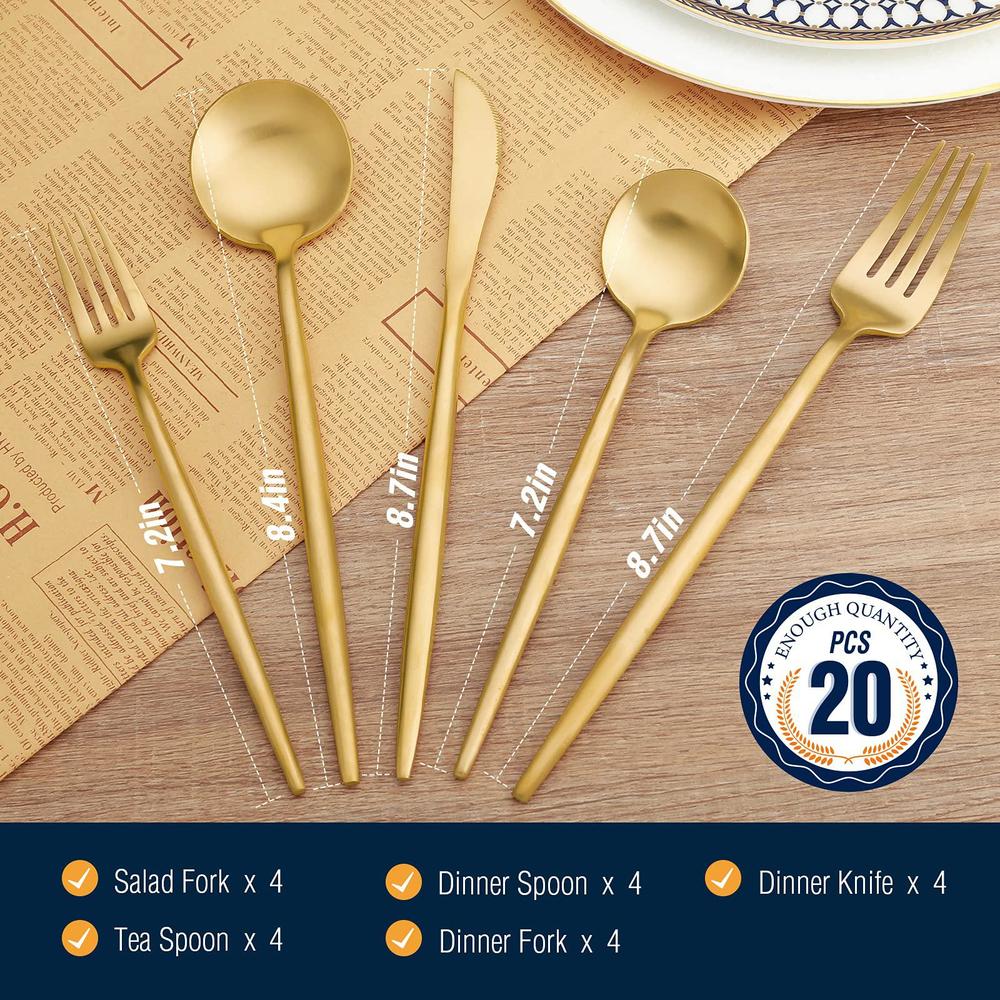 birdyfly gold silverware set, 20 piece stainless steel flatware set service for 4, matte gold cutlery set, include knives/for