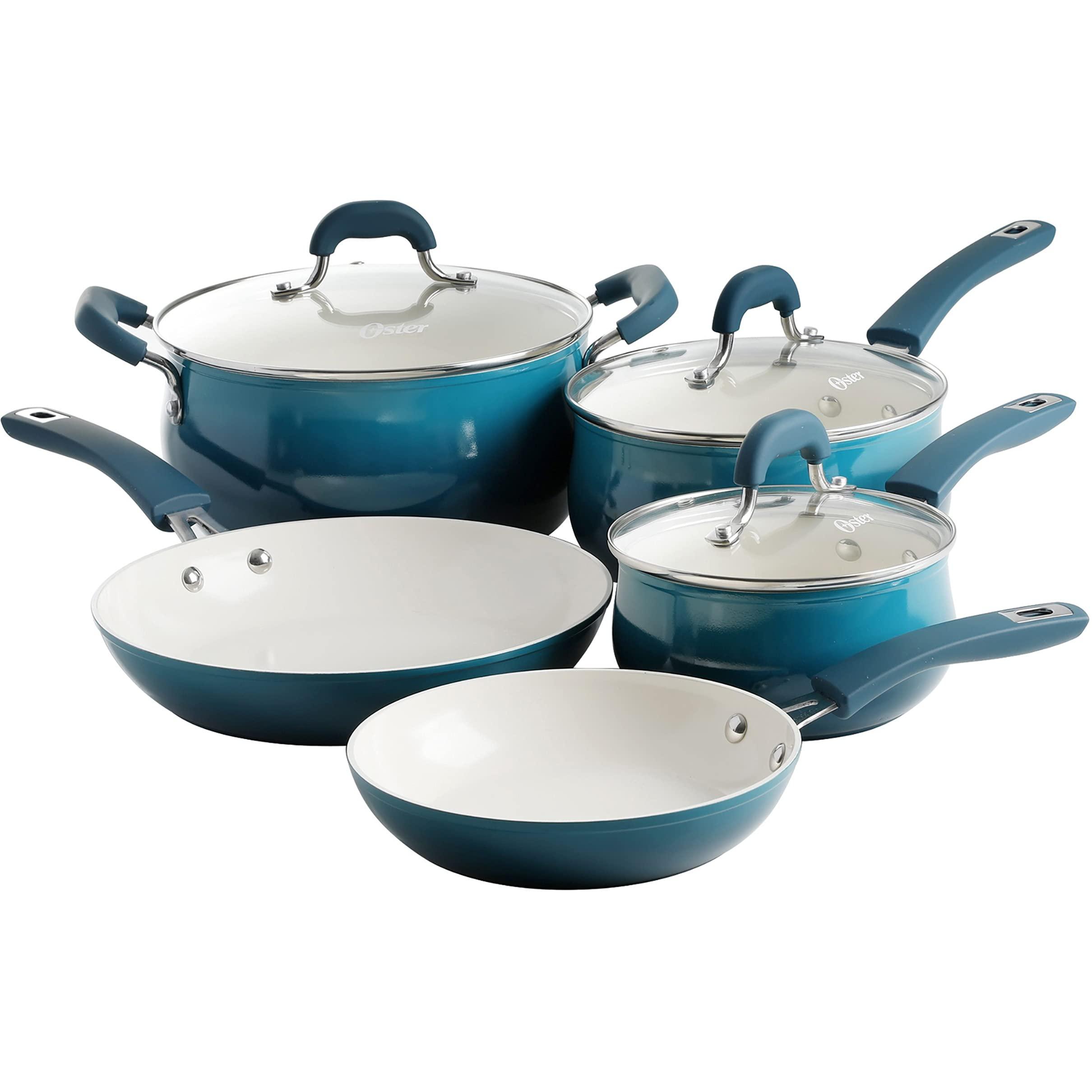 oster corbett forged aluminum cookware set with ceramic non-stick-induction base-soft touch bakelite handle and tempered glas
