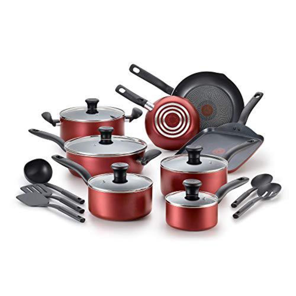 t-fal initiatives nonstick cookware set 18 piece pots and pans, dishwasher safe red