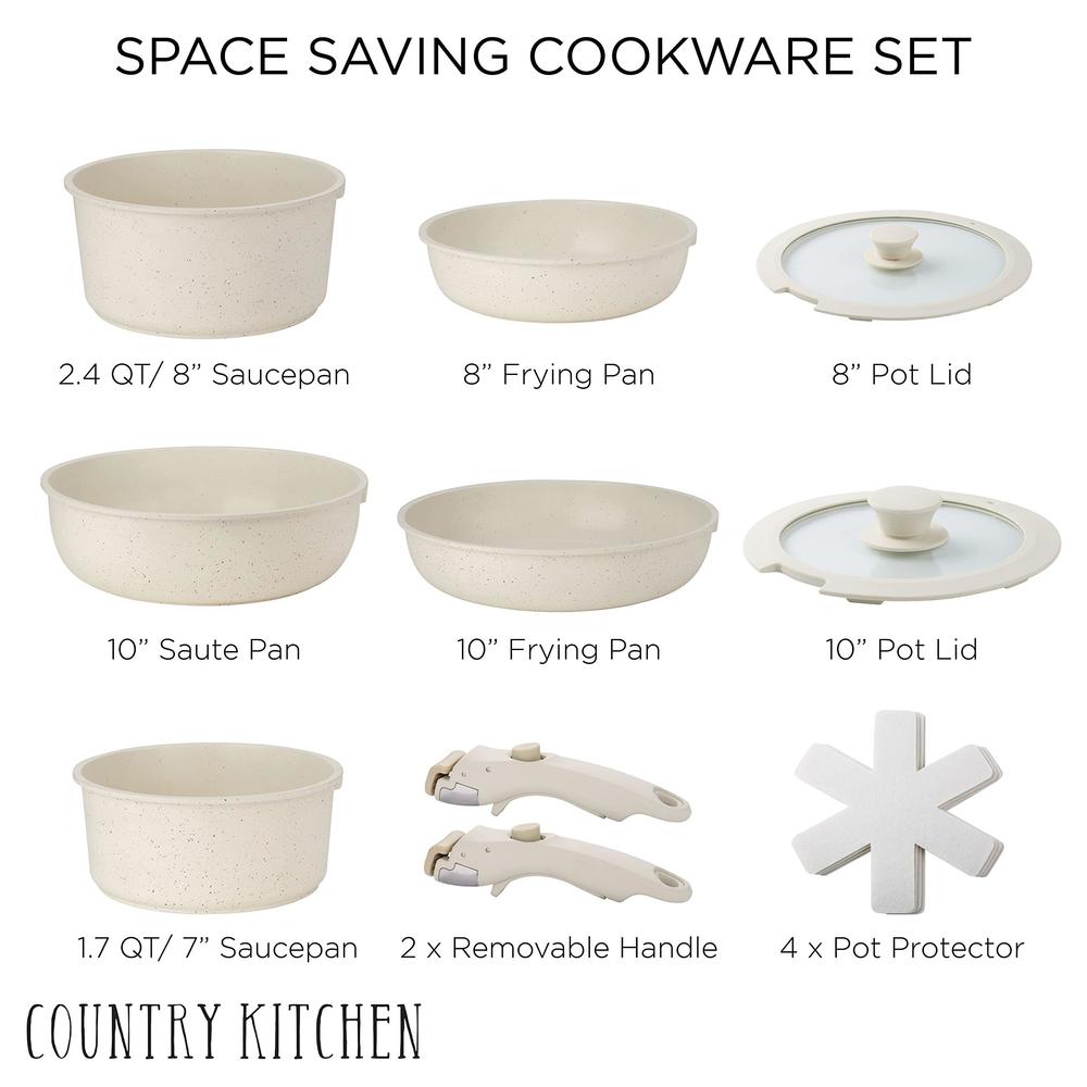 country kitchen 13 piece pots and pans set - safe nonstick kitchen cookware with removable handle, rv cookware set, oven safe