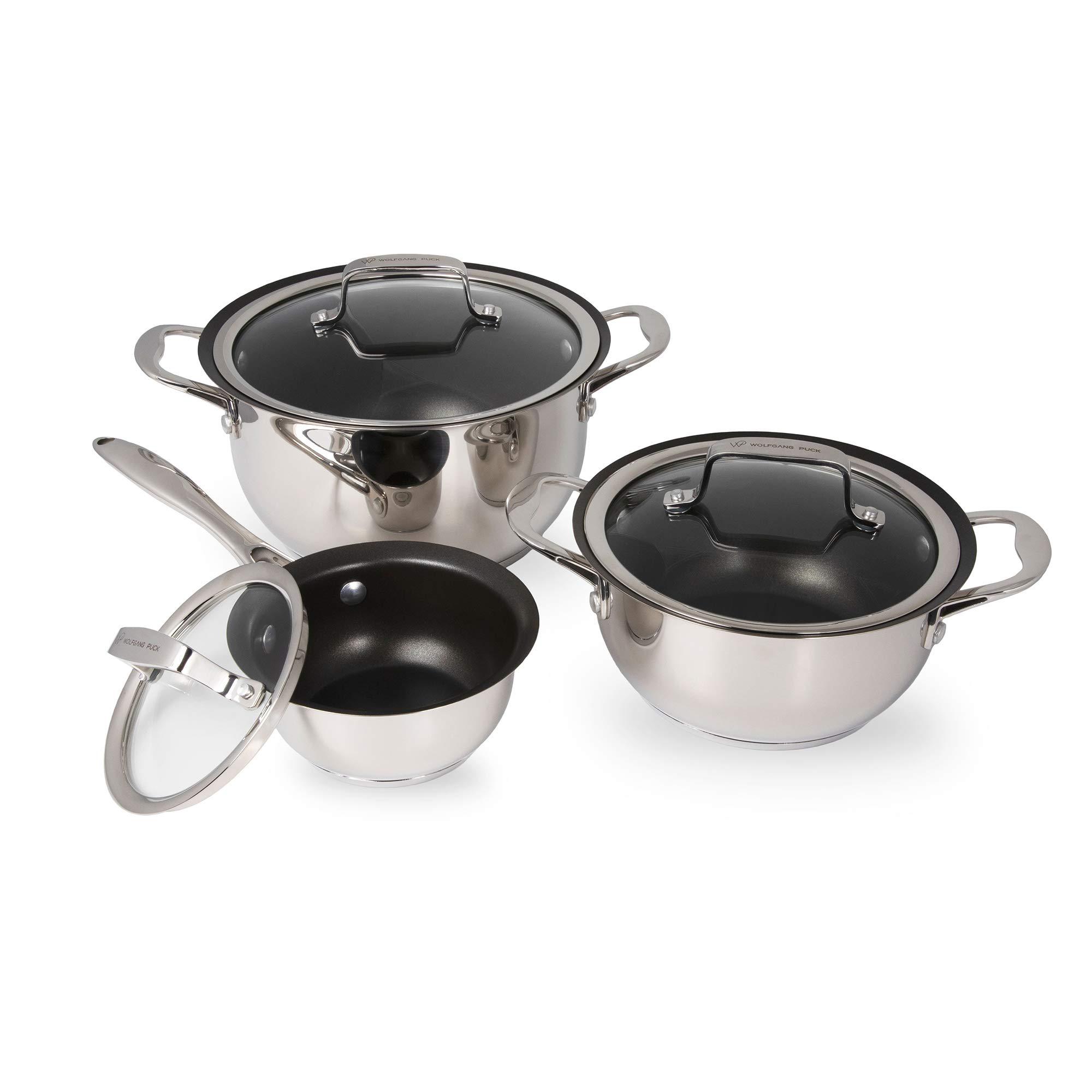 Wolfgang  Puck wolfgang puck 6-piece stainless steel pots and pan set; scratch-resistant non-stick cookware, clear tempered-glass lids, cool