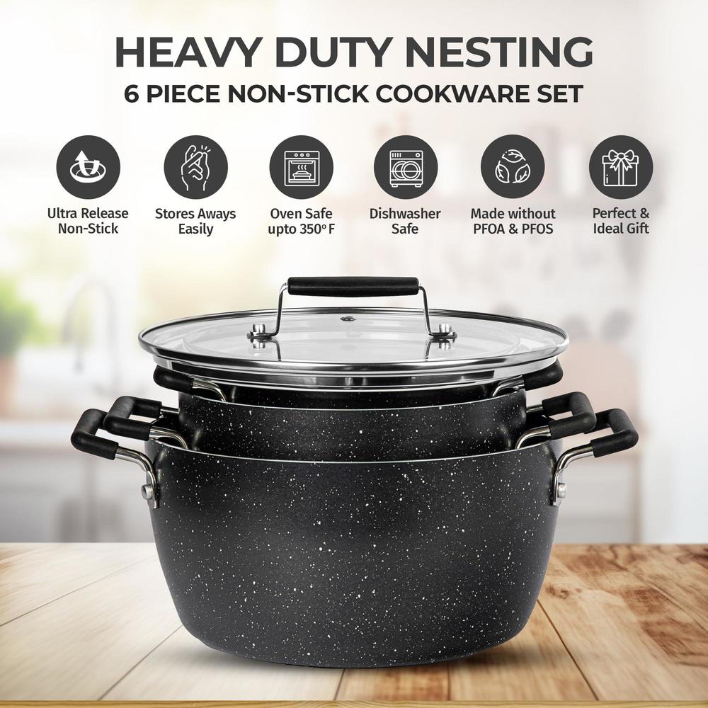 granitestone 6pc stackable pot set, nesting non stick pots with lids ...
