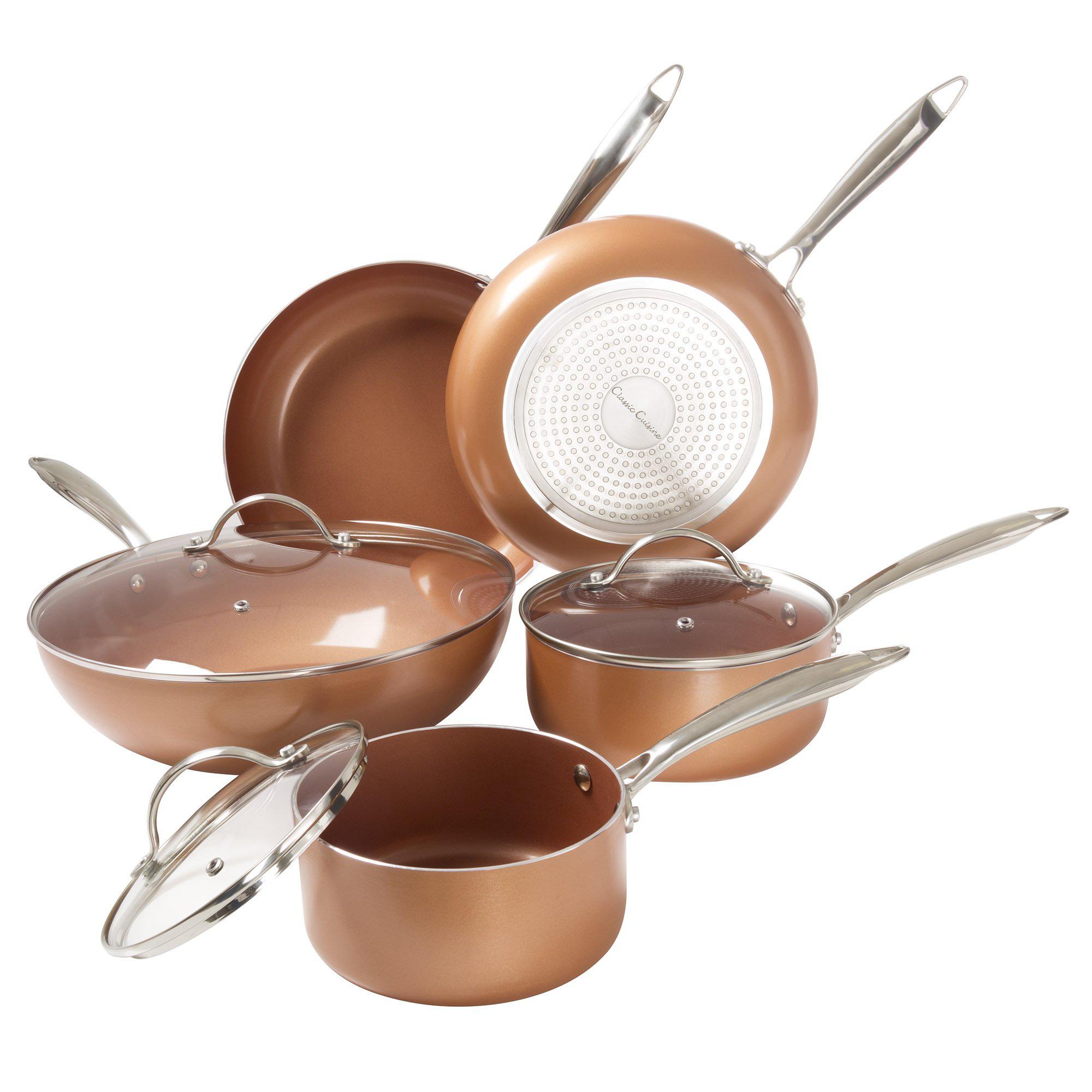Classic Cuisine 8 Pc Cookware Set with 2 Layer Nonstick Ceramic Coating Tempered Glass Lid Copper Color Finish Dishwasher Oven Safe