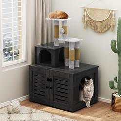 dklgg cat tree with cat litter box enclosure, hidden cat washroom furniture with divider, large wooden cat house with cat tre