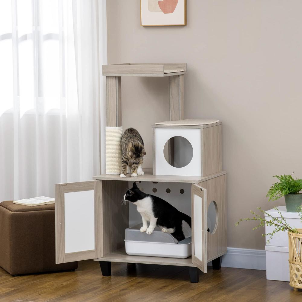 pawhut cat litter box enclosure furniture with cat tree, hidden litter box with scratching post, bed, modern cat house indoor