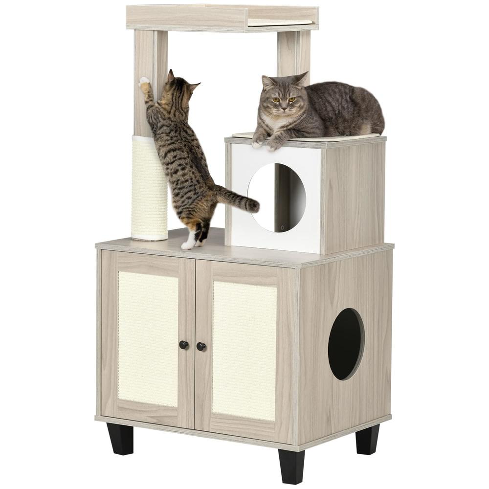 pawhut cat litter box enclosure furniture with cat tree, hidden litter box with scratching post, bed, modern cat house indoor
